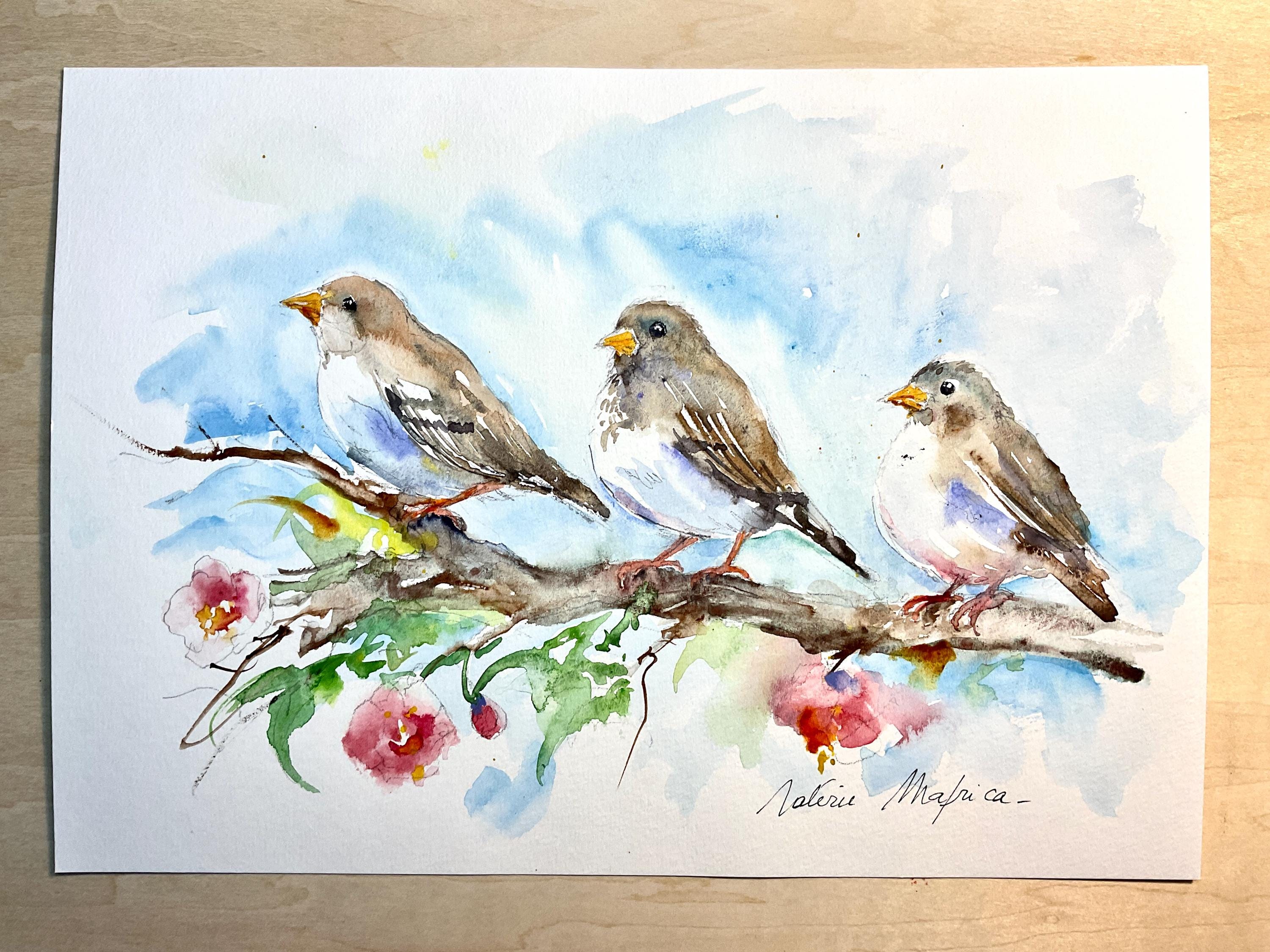 スズメのオリジナル水彩画、枝にとまる鳥の壁飾り、子供部屋の装飾
