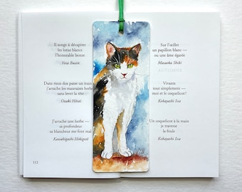 Original watercolor calico cat bookmark, cat painting on handmade bookmark, expressive hand painted cat for reader, gift for her or him