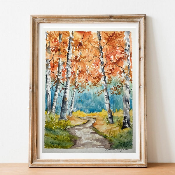 Peinture de bouleaux en automne, Paysage de forêt automnale, Affiche d'arbres en sous-bois, Décor mural forestier, arbres feuillages dorés