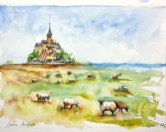 Mont Saint Michel in watercolor painting, original painting of Mont Saint Michel in Normandy with sheep, famous France landscape art