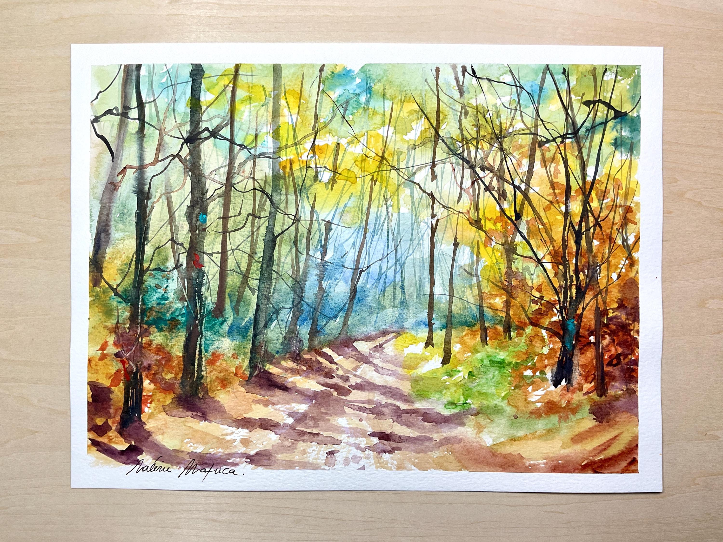 オリジナルの水彩画：森の中、森の風景、秋のハイキングコースの絵画