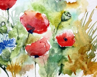 ポピーの水彩画、野原の赤いポピーの花のオリジナルアート、野生の花の