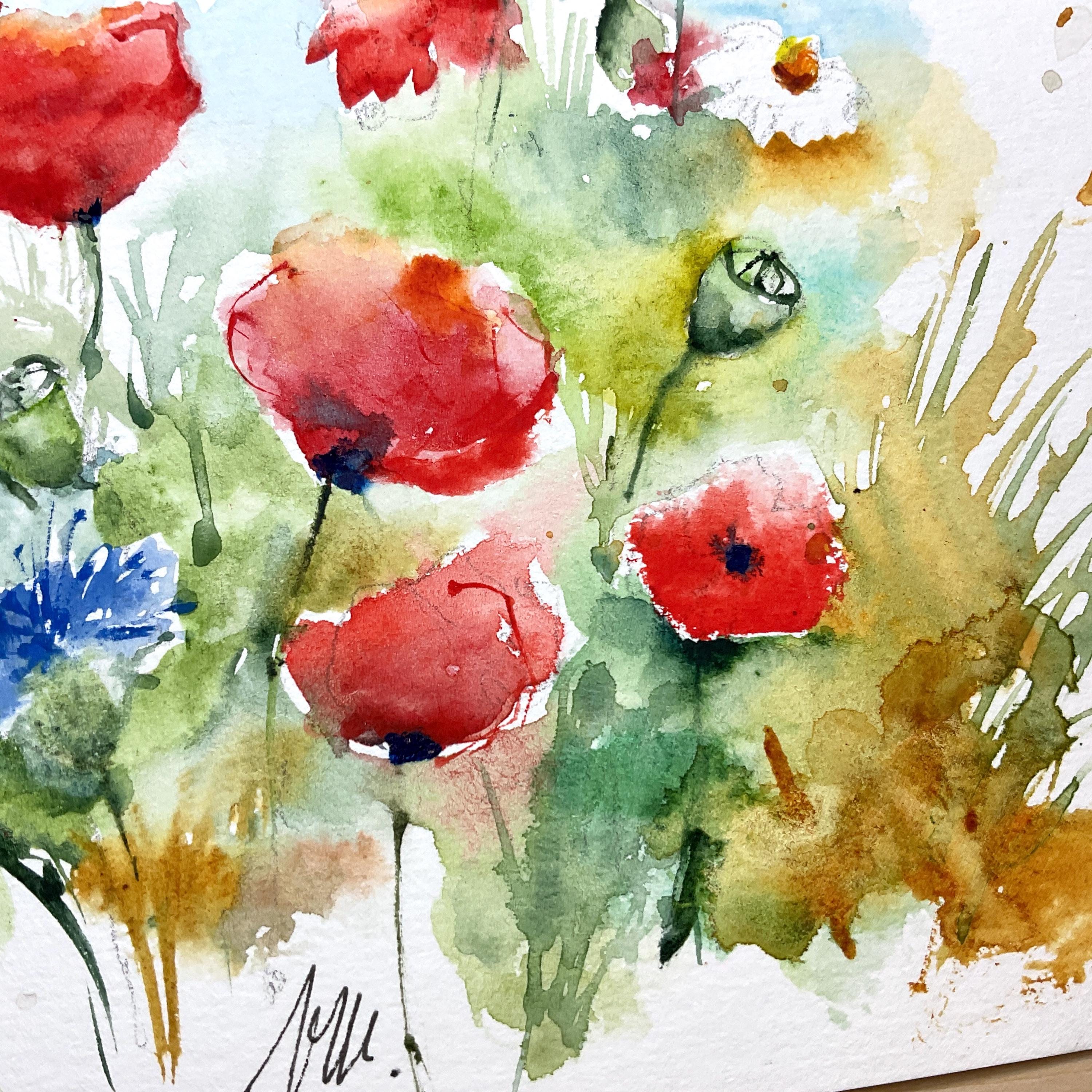 ポピーの水彩画、野原の赤いポピーの花のオリジナルアート、野生の花の