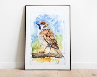 スズメのオリジナル水彩画、赤ちゃんの部屋の壁の装飾用の小鳥の紙の