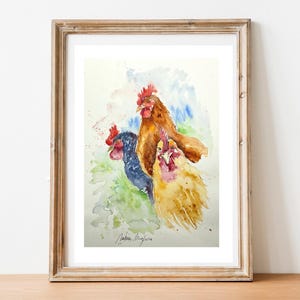 Acquerello originale 3 galline - Ritratti colorati ed espressivi di galline - Animali da fattoria e da cortile - Arte unica per decorazioni rustiche