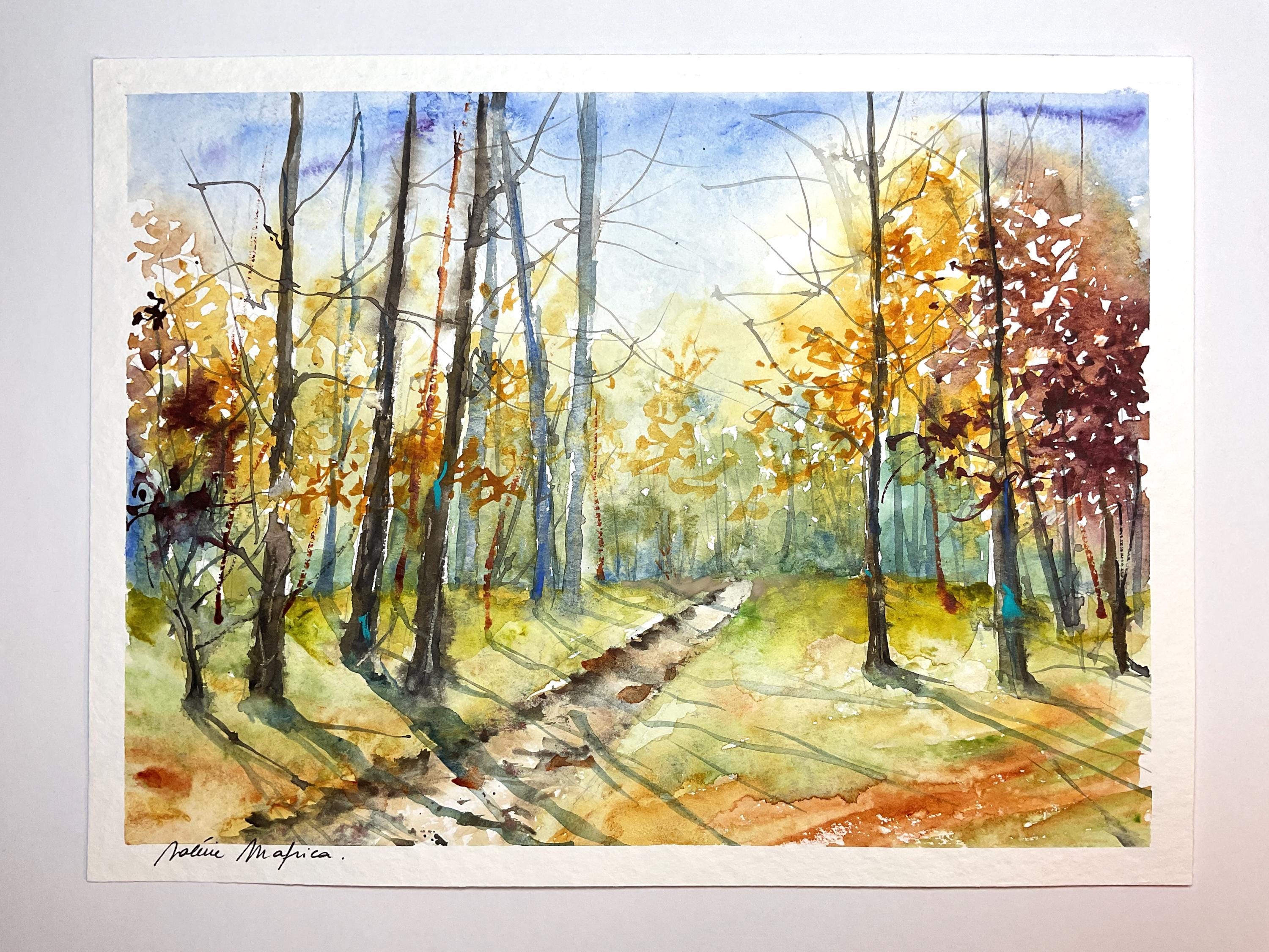 秋の森の風景のオリジナル水彩画、下草の小道の絵、秋の木のイラスト