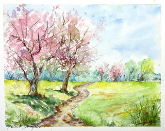 春の水仙畑と木々を描いたオリジナルの水彩画風景。花と自然から