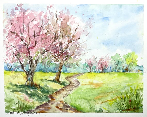 ピンクのリンゴの花の水彩画、春の自然の風景、春に花が咲く果樹園の