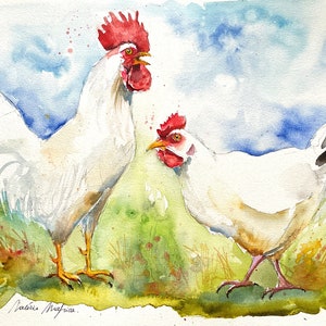 Schilderij van een witte kip en haan, originele aquarel van een koppel, authentiek schilderij van boerderijpluimvee, landelijke wanddecoratie