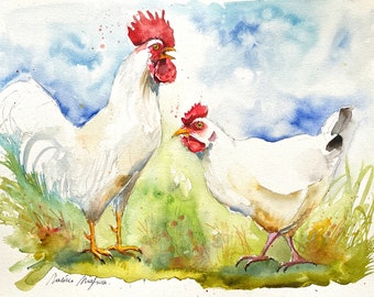油絵 鶏 ニワトリ 絵画 F15号 西に飾ると金運アップ 風水 開運 酉 絵 白い雌鶏と雄鶏の絵、カップルのオリジナルの水彩画、農場の家禽の本物