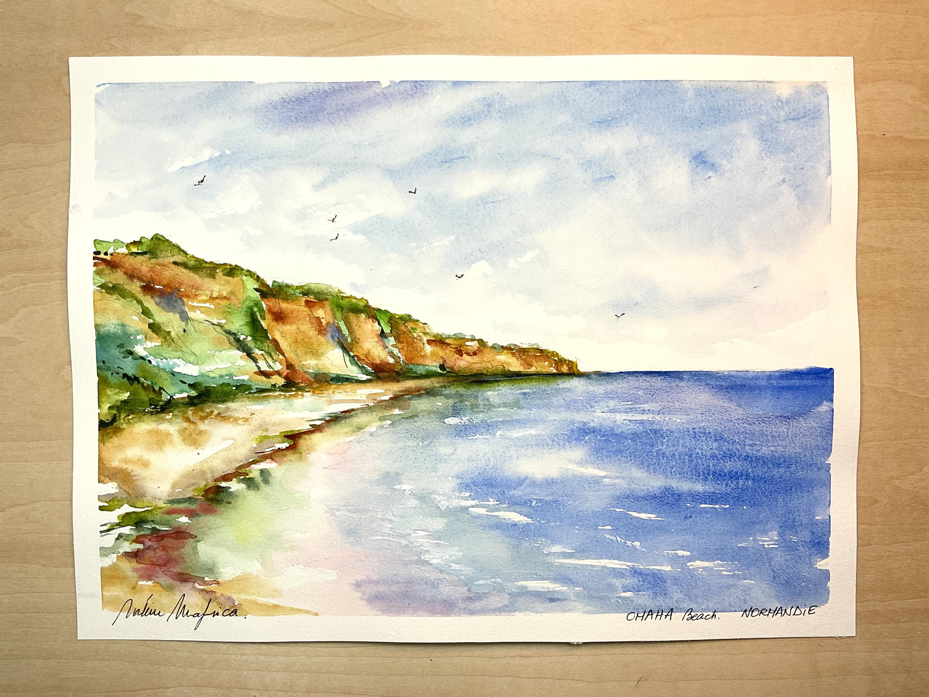 オマハビーチのオリジナル水彩画、ノルマンディー上陸作戦の海岸の風景