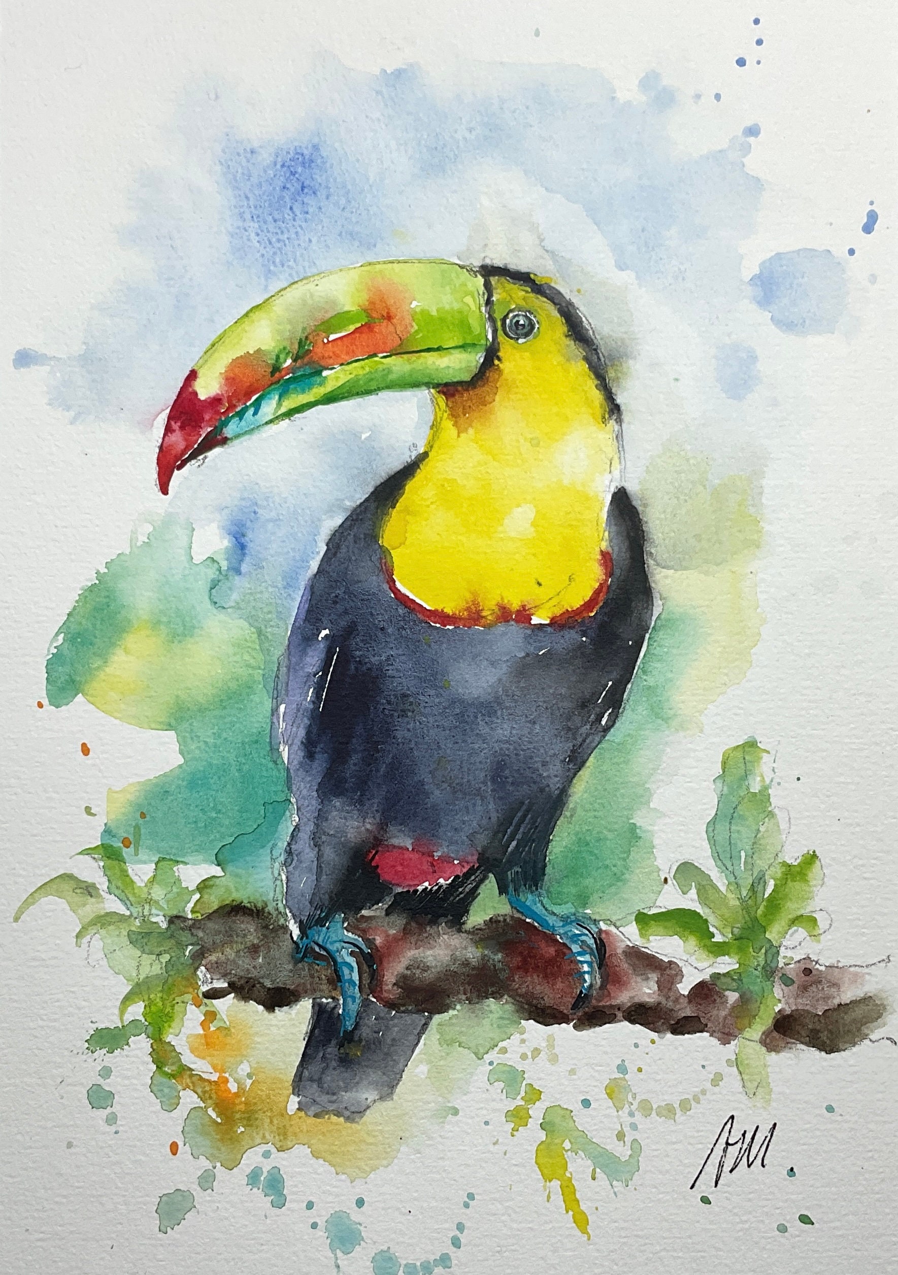 オリジナルの水彩画のオオハシ、エキゾチックな鳥の絵、ジャングルの鳥