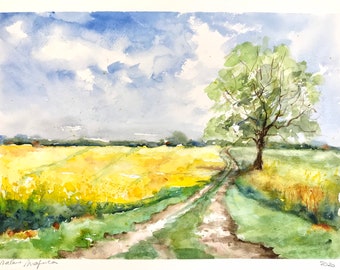 Country landscape in spring in original watercolor, the luminous rapeseed fields and the hiking path for an immersion in nature