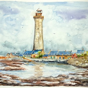 Dipinto originale ad acquerello raffigurante un tipico paesaggio bretone, barche e una nave in mare, opera di punta di Eckmühl Penmarc'h Finistère