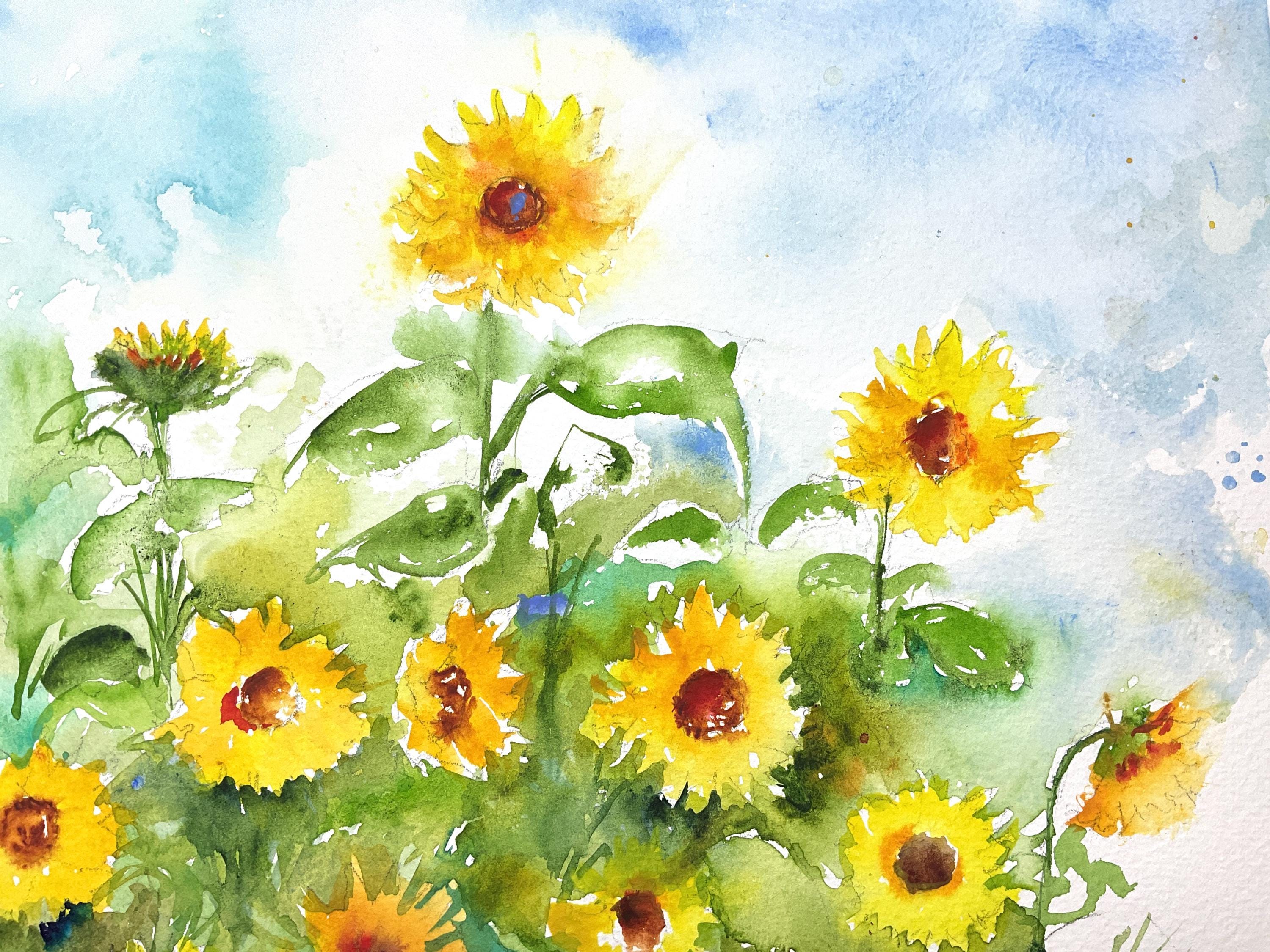 ひまわり畑の水彩画、ひまわりの原画、田舎の夏の花畑、典型的な