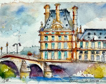 The Louvre Museum of Paris in Watercolor Original Painting - Souvenir of Paris France - Painting of Paris Famous Monument by  French Artist