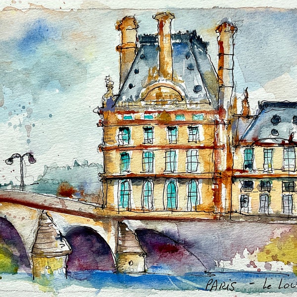 The Louvre Museum of Paris in Watercolor Original Painting - Souvenir of Paris France - Painting of Paris Famous Monument by  French Artist