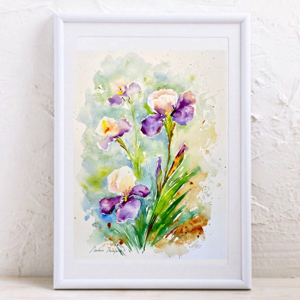 Iris en peinture aquarelle originale, Iris des jardins multicolores, art botanique fleurs du printemps , art mural Iris barbus