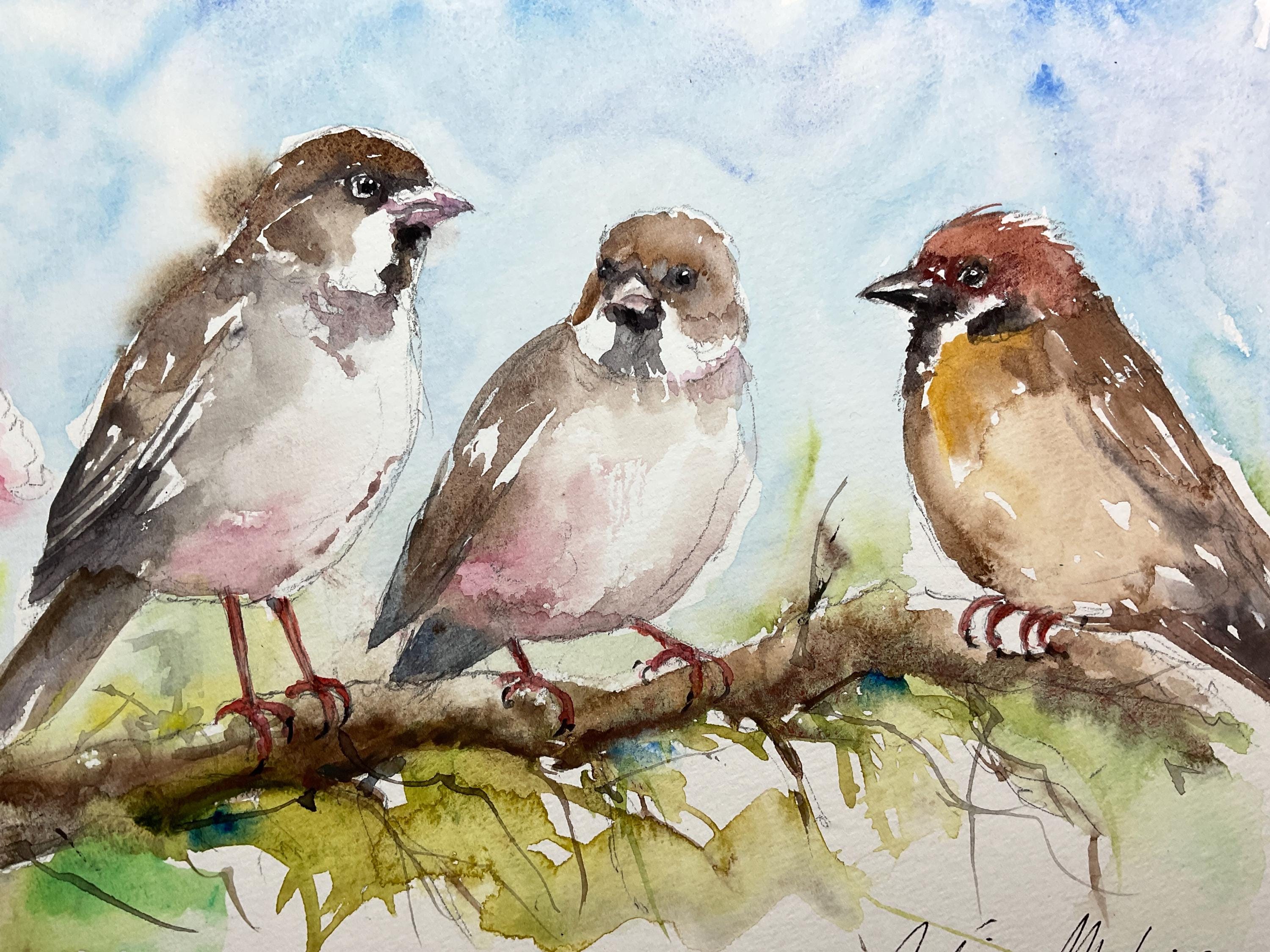スズメのオリジナル水彩画、枝にとまる鳥の壁飾り、子供部屋の装飾