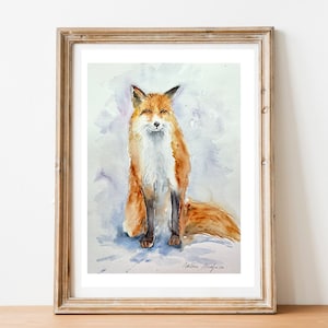 Dipinto di volpe rossa in acquerello originale, ritratto di un animale selvaggio della foresta, arte decorativa per bambini o amanti della volpe