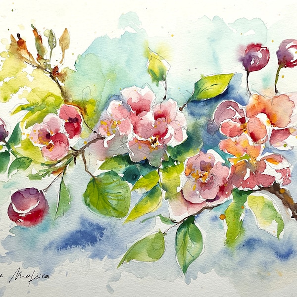 Aquarelle de fleurs de pommiers au printemps, peinture originale de bouquet de fleurs roses d’arbres, symbole de renaissance, verger fleuri