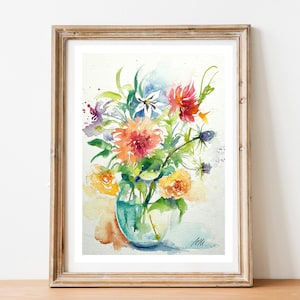 Acquerello di fiori in bouquet, pittura di fiori da giardino in un vaso, bouquet multicolore, regalo per donna, decorazione floreale da parete