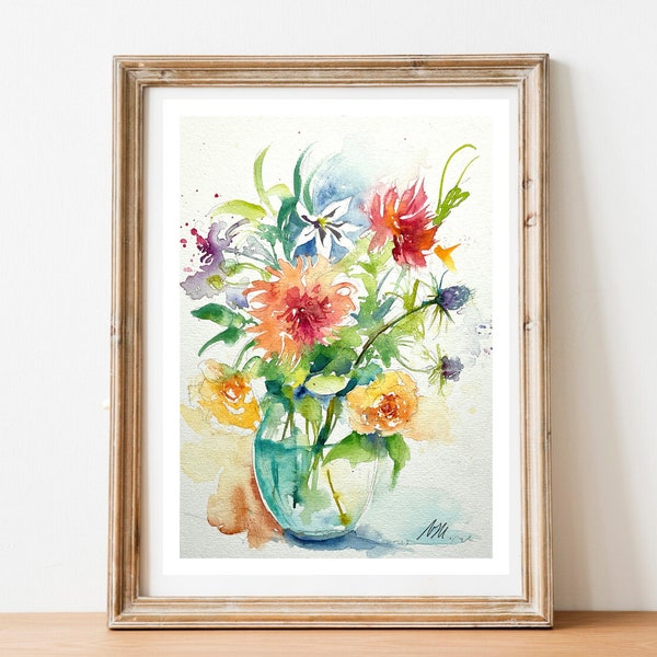 Aquarelle de fleurs en bouquet, peinture de fleurs du jardin dans un vase, bouquet multicolore, cadeau pour femme, déco art mural floral