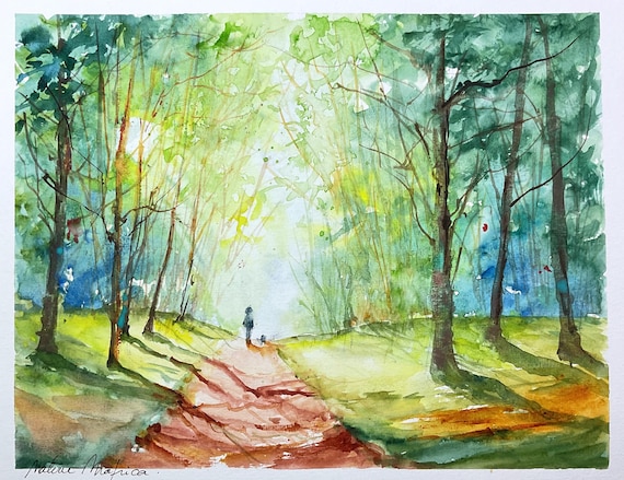 オリジナルの水彩画の森の風景 - 春の森の小道 - 犬との瞑想的な散歩