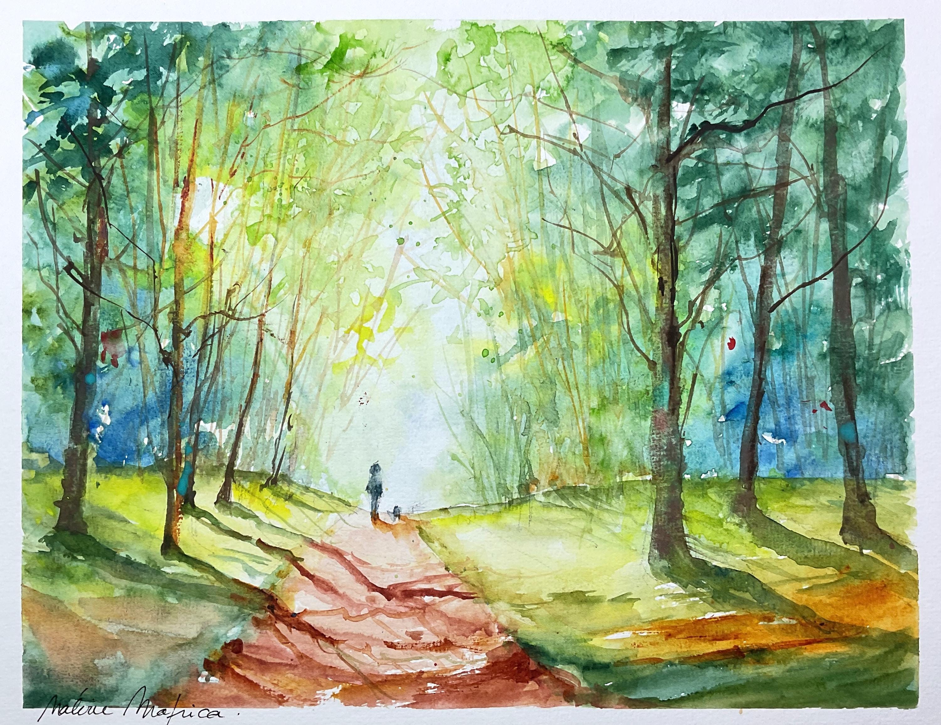 オリジナルの水彩画の森の風景 - 春の森の小道 - 犬との瞑想的な散歩