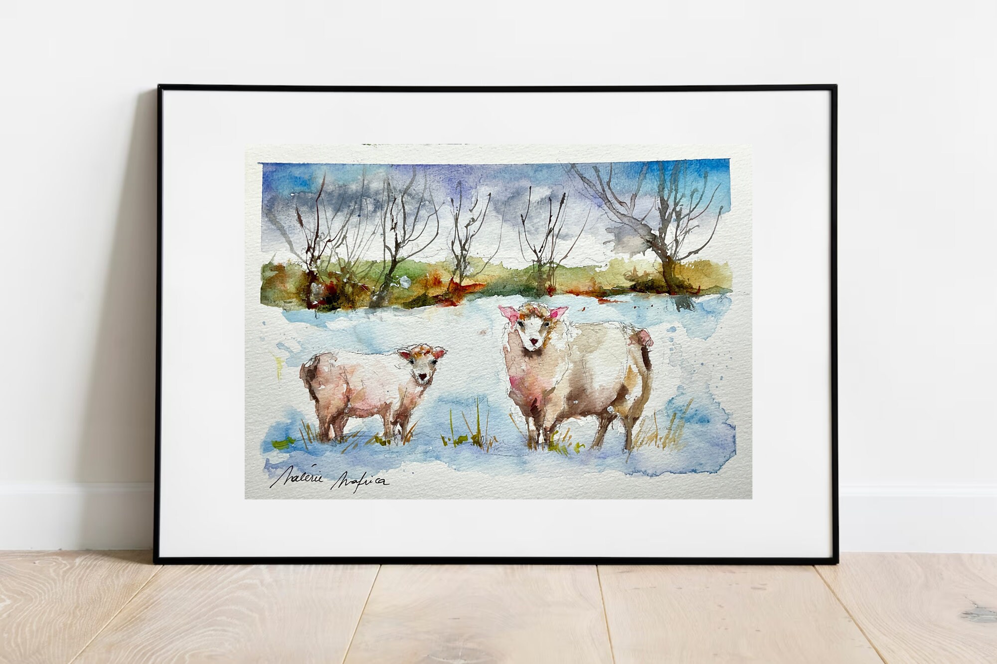 オリジナルの水彩画、冬の寒さの中の二匹の羊、羊の群れがいる雪の降る