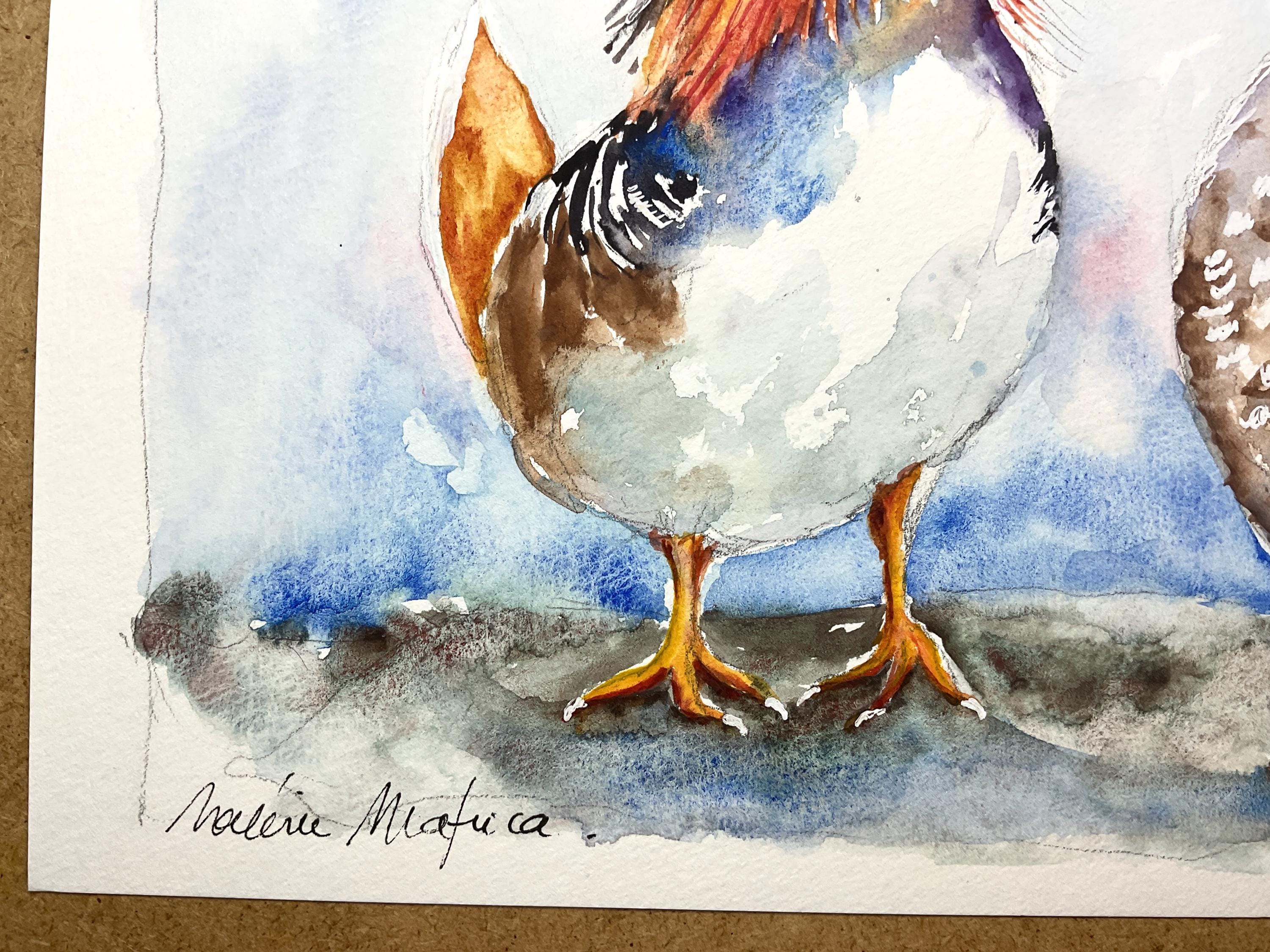 オシドリのつがいのオリジナル絵画、水かきのある鳥のオスとメスの恋の