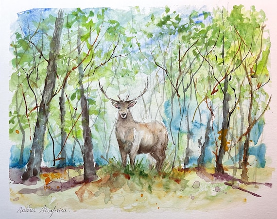 鹿のオリジナル絵画、森の鹿の水彩画、鹿の壁アート、森の野生動物の