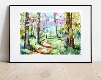 水彩画の春の森の風景、明るい下草のオリジナル絵画、緑の森の壁の装飾