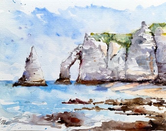 Original Watercolor Landscape of Etretat Cliffs, Marine Landscape, Normandy Seine Maritime Artwork, white cliffs and sea