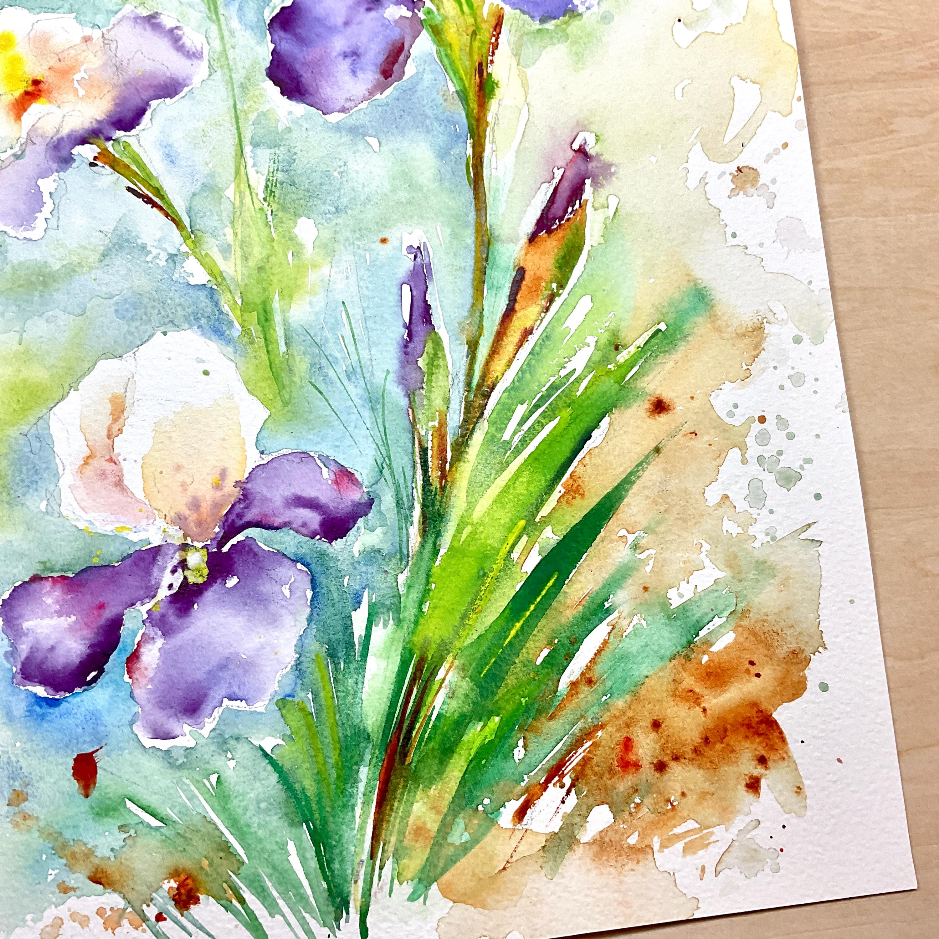 オリジナルの水彩画に描かれたアイリス、色とりどりの庭のアイリス