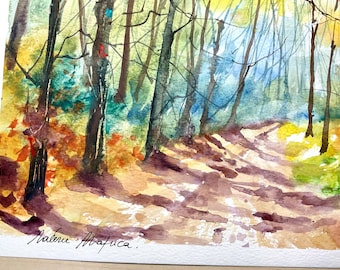 オリジナルの水彩画：森の中、森の風景、秋のハイキングコースの絵画