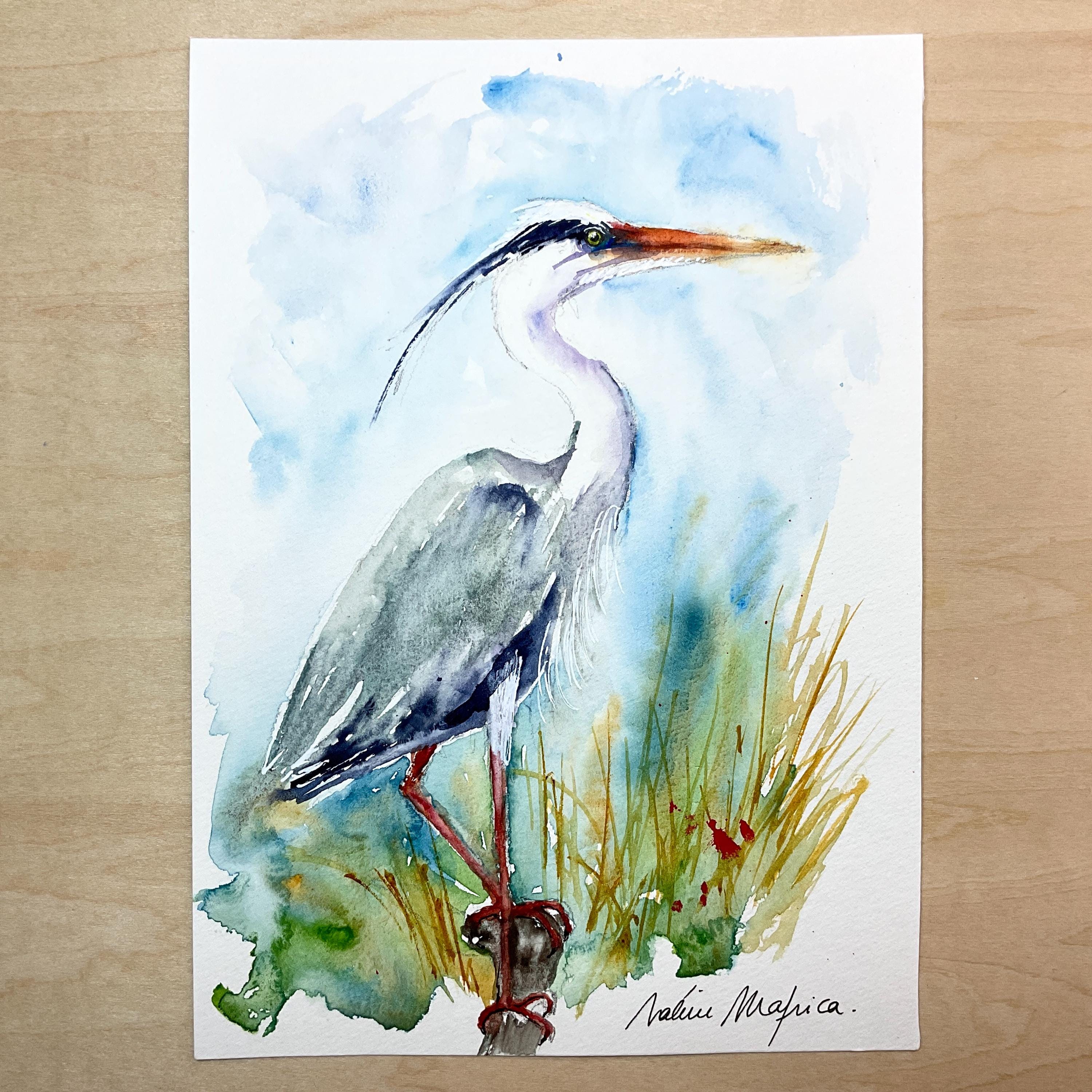 アオサギ油彩画 アオサギの絵画、アオサギのオリジナル水彩画、沼地や池の水鳥の絵画