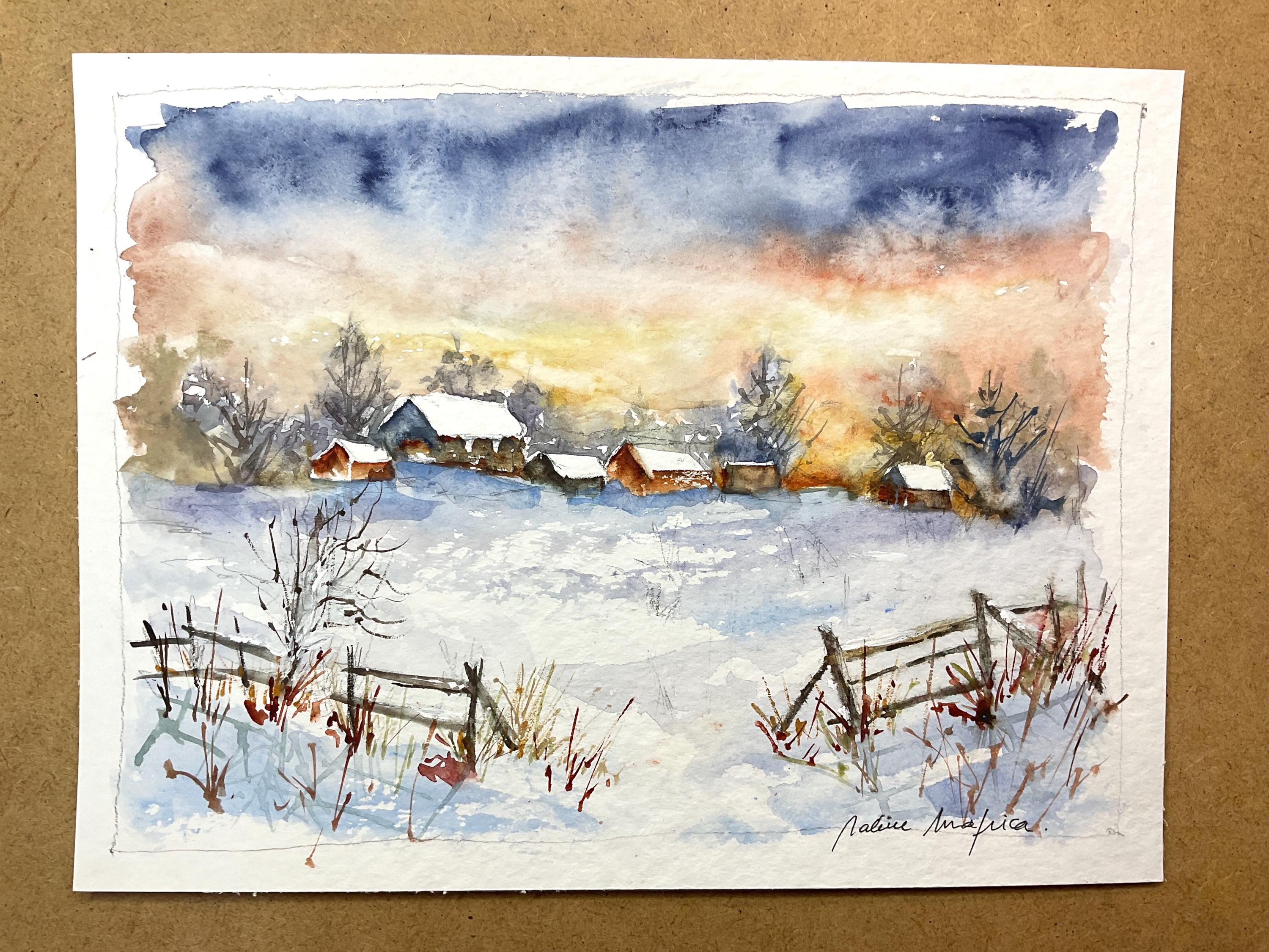 絵画　　田舎雪風景画 雪に覆われた田舎の夕焼けの風景のオリジナル絵画、雪の中の冬の家の