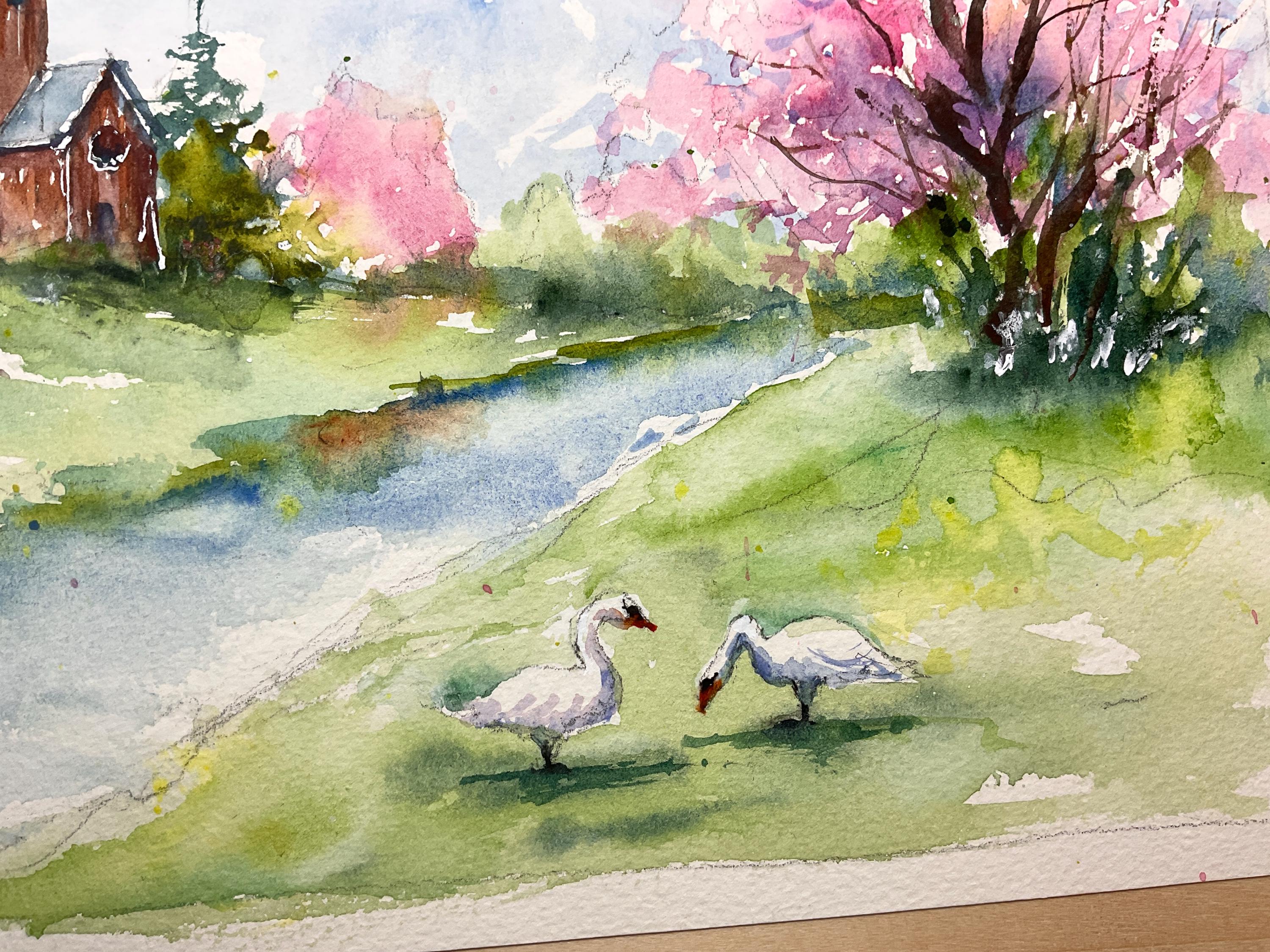 春の雰囲気、春の田舎の風景、ピンクの木、静かな水辺の小さな村を描い