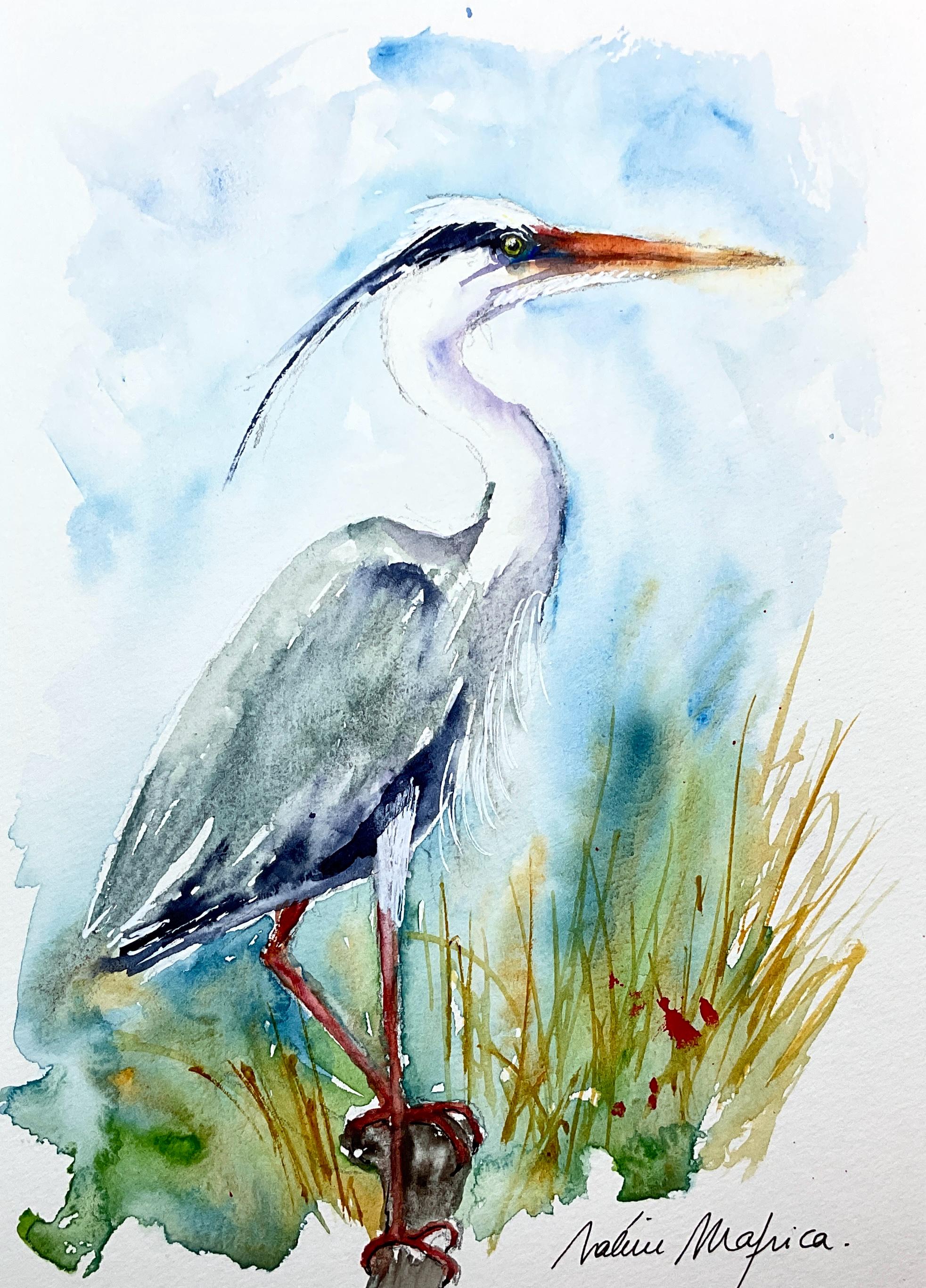 アオサギの絵画、アオサギのオリジナル水彩画、沼地や池の水鳥の絵画