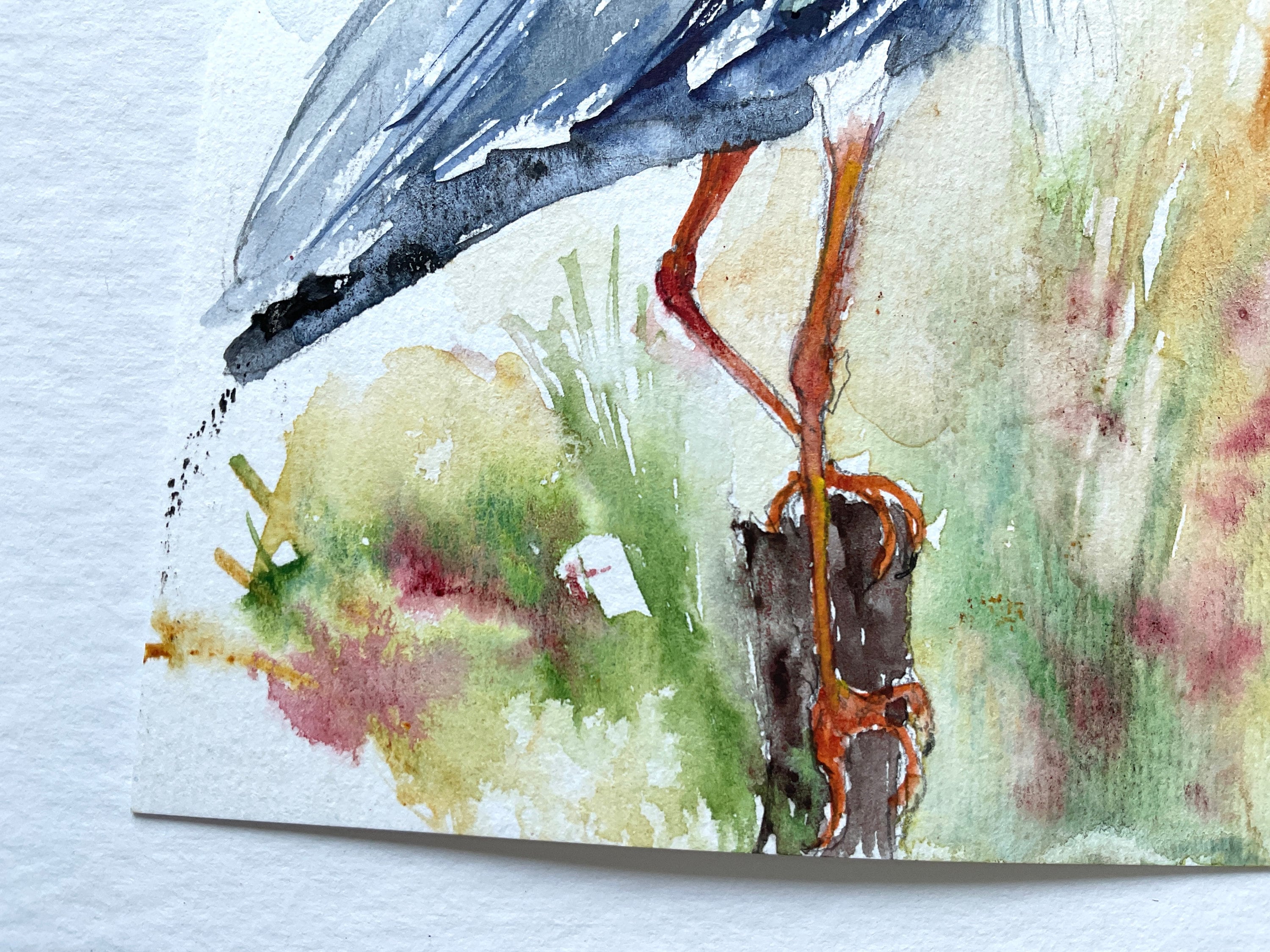 アオサギの絵画、オリジナルの水彩画、湿地や池の水鳥の絵画、鳥の