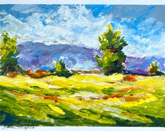 Original Frühlingslandschaftsgemälde in Acryl auf Papier, impressionistisches Gemälde von Landschaft und Natur grün gelb blau, Wandkunst