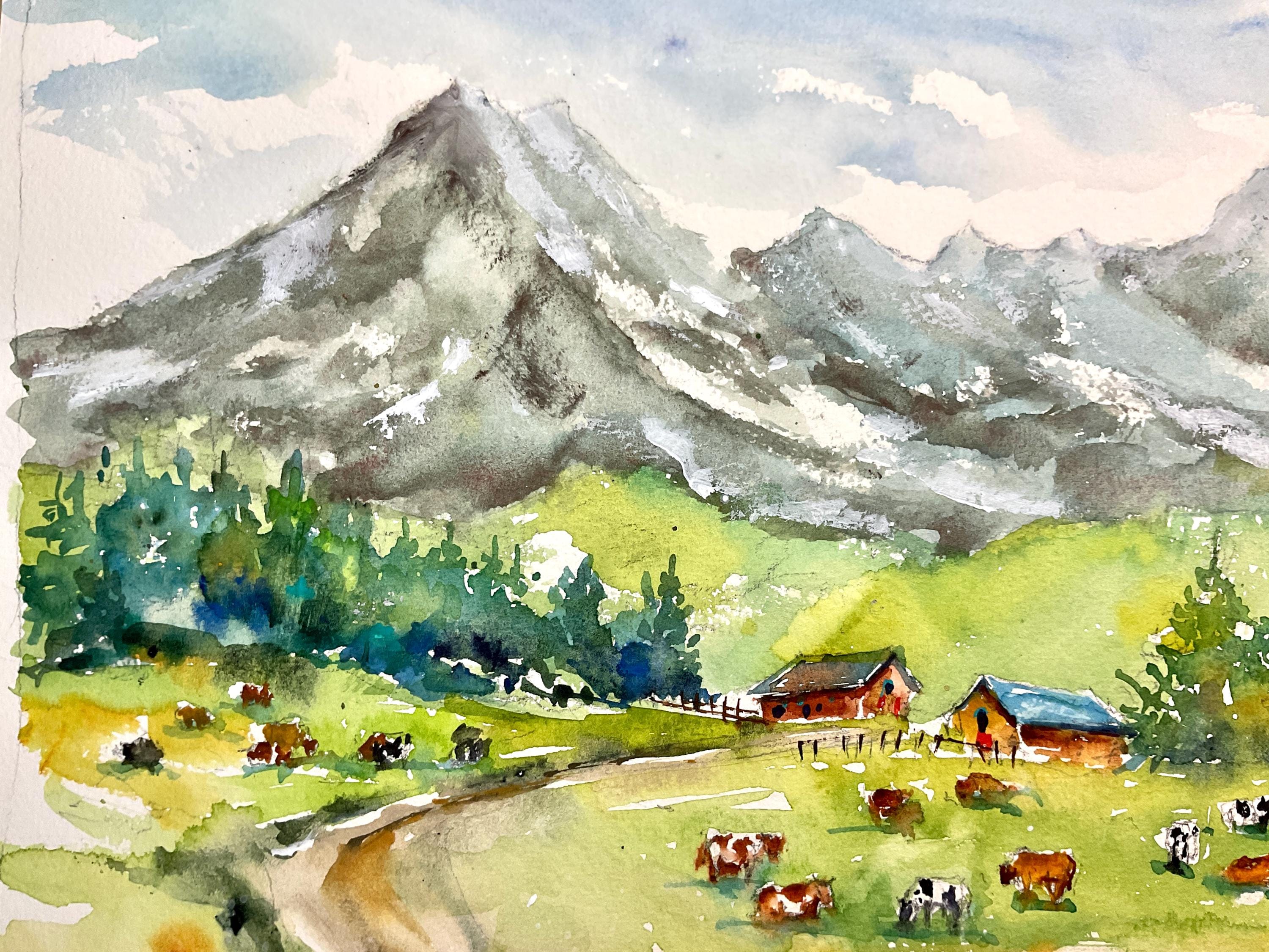 夏の山のオリジナル水彩画、山岳風景画、アルプスの水彩画、アラビス