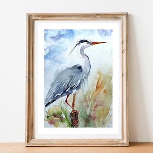 Pintura de garça cinzenta, aquarela original de garça cinzenta, pintura de aves pernaltas de pântanos e lagoas, presente de arte ornitologia
