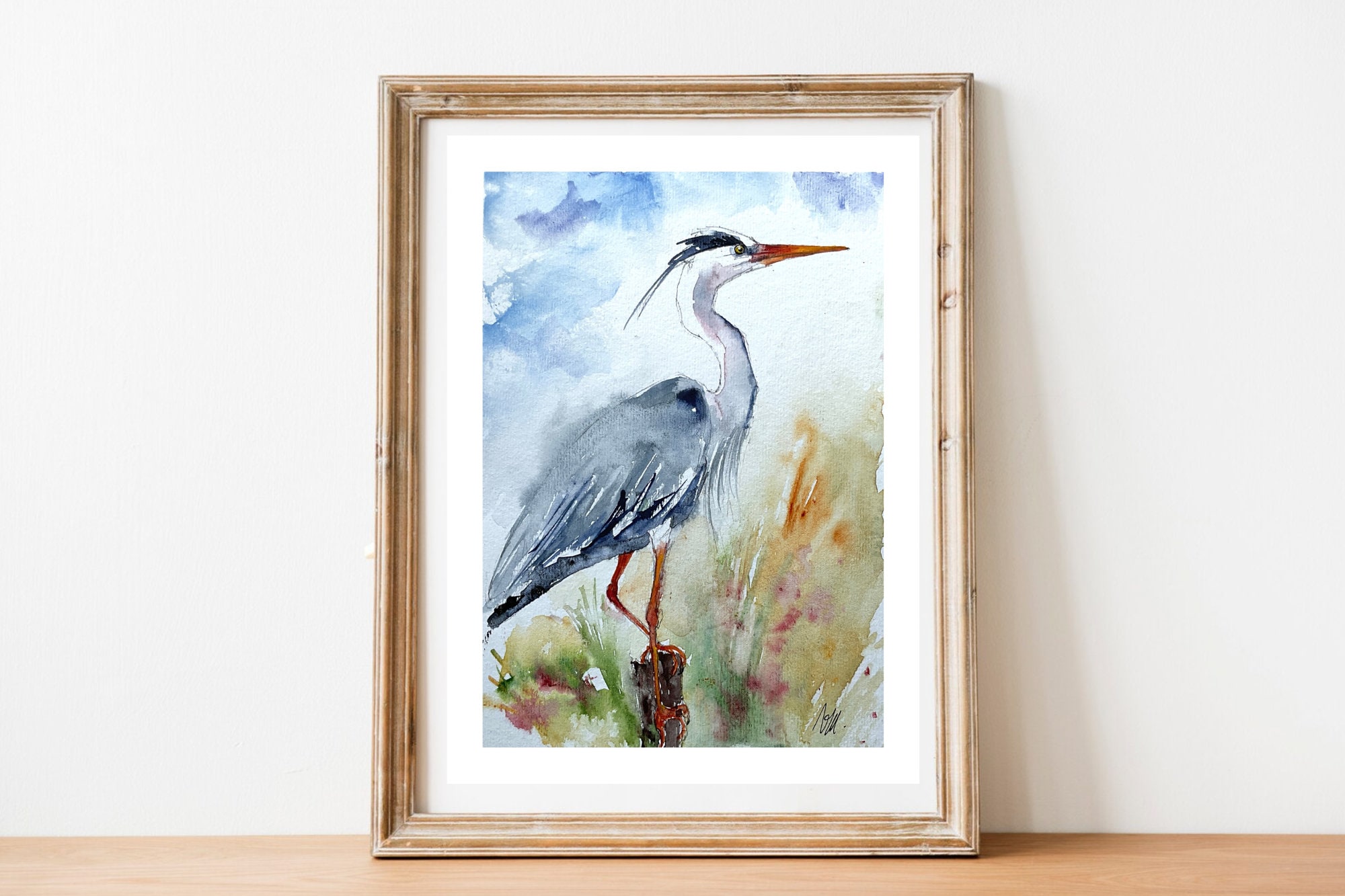 アオサギの絵画、オリジナルの水彩画、湿地や池の水鳥の絵画、鳥の