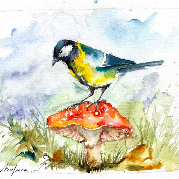 Mésange bleue en aquarelle, peinture d'oiseau des jardins, aquarelle originale, dessin d’oiseau en automne sur un champignon