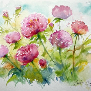 Original Aquarell von rosa Pfingstrosen aus dem Garten, Wandkunstgemälde von rosa Pfingstrosenblüten, Blumengemälde, Muttertagsgeschenk