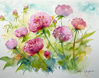 Aquarelle originale de pivoines roses du jardin , art mural peinture de fleurs rose pivoine, tableau de fleurs, cadeau fête des mères