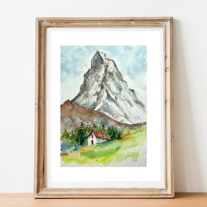 Waterverfschilderij van de Matterhorn in de zomer, Matterhorn-landschap in de Zwitserse Alpen, beroemde rotsachtige piek, chalet en toevluchtsoord in bergweiden