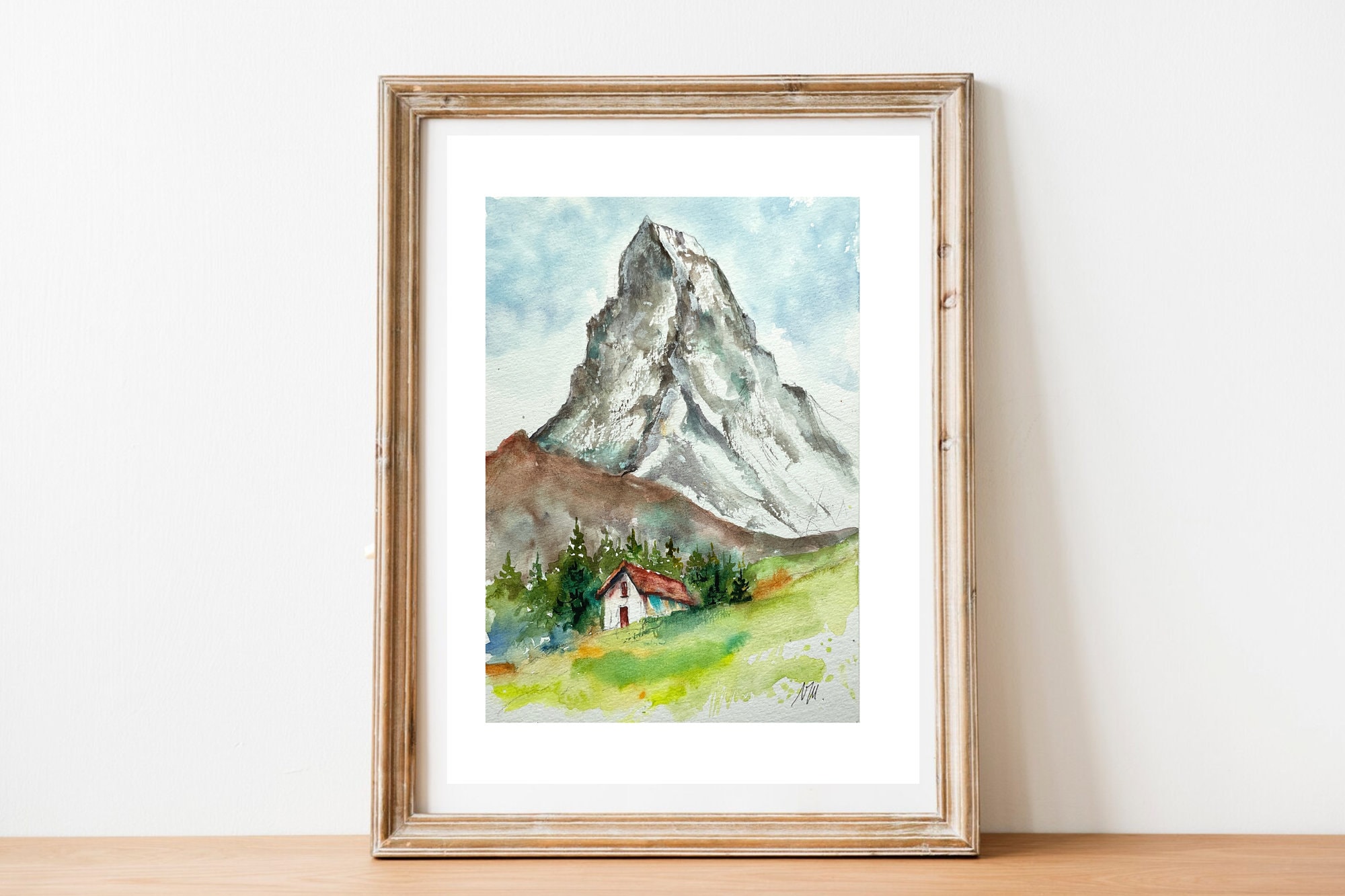 夏のマッターホルン山の水彩画、スイスアルプスのマッターホルン
